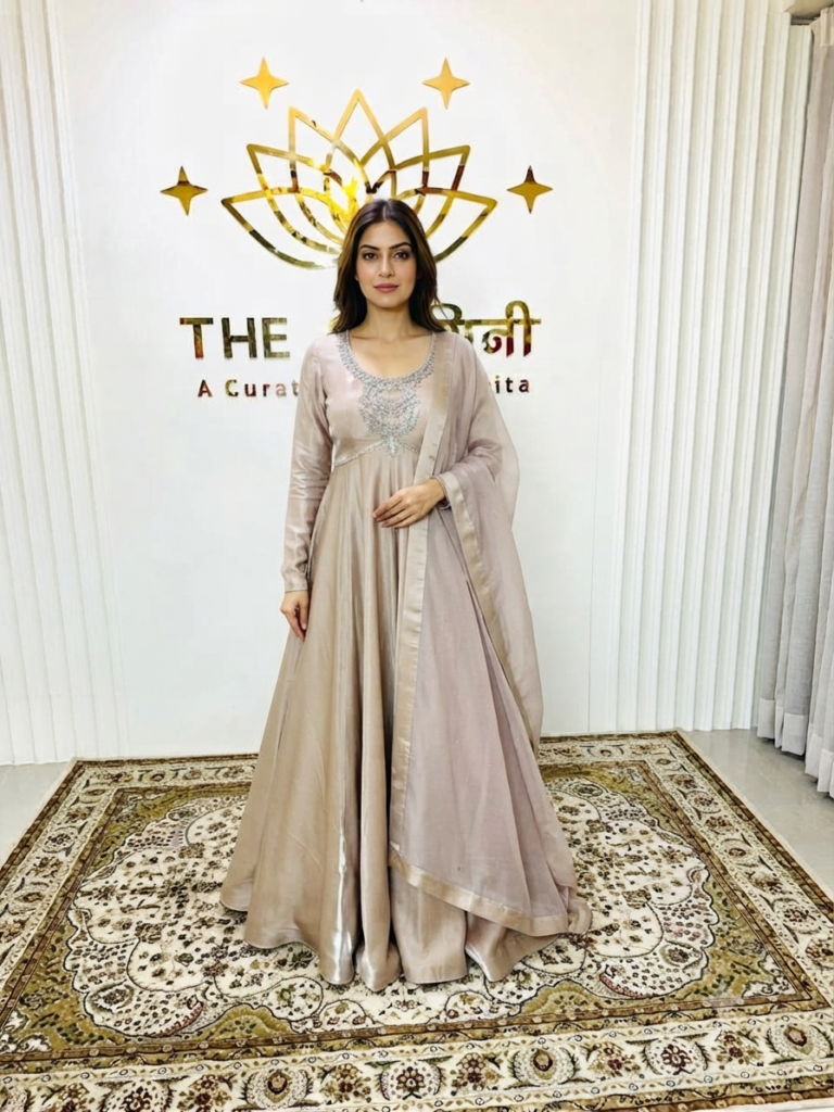 Front-view product display of a floor-length soft golden Anarkali suit on a mannequin, featuring intricate silver embroidery on the bodice and a matching sheer dupatta, set against "The Swamini by Sushmita" branded background studio.