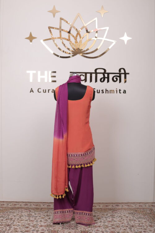 Orange & Purple Embroidered Farshi Salwar Suit Set with Ombre Dupatta - Image 9
