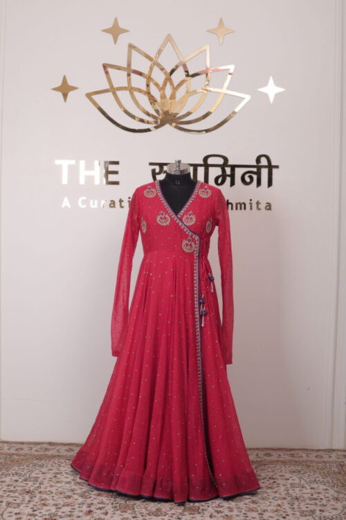 Red Angrakha Anarkali Suit with Handwork Embroidery & Purple Dupatta - Image 5