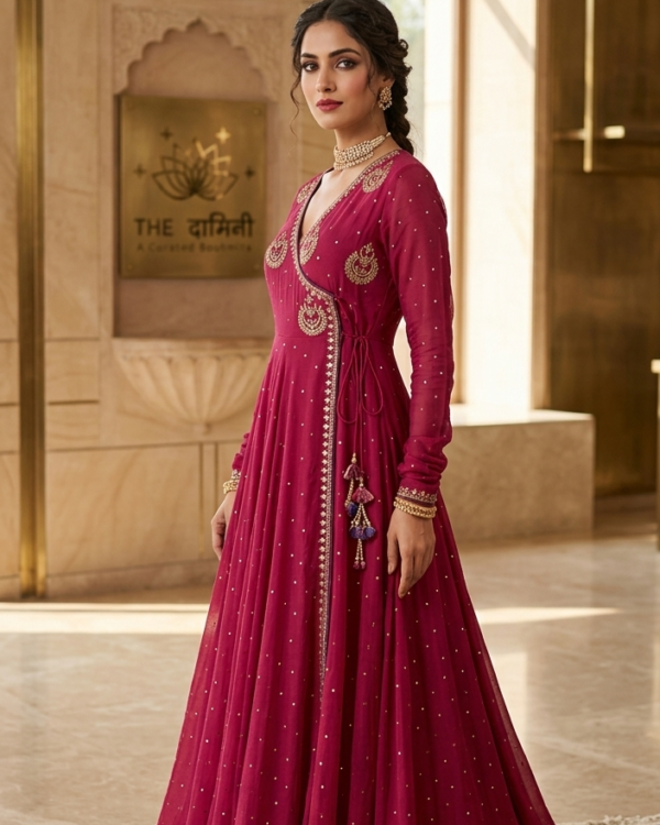 Red Angrakha-Anarkali-febric-soft-chandeli-handwork-with-embordry-purple-dupatta