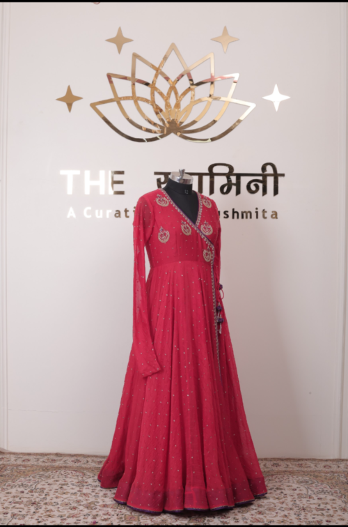 Red Angrakha Anarkali Suit with Handwork Embroidery & Purple Dupatta - Image 6