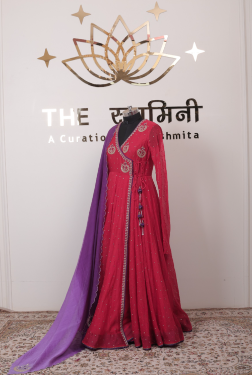 Red Angrakha Anarkali Suit with Handwork Embroidery & Purple Dupatta - Image 8