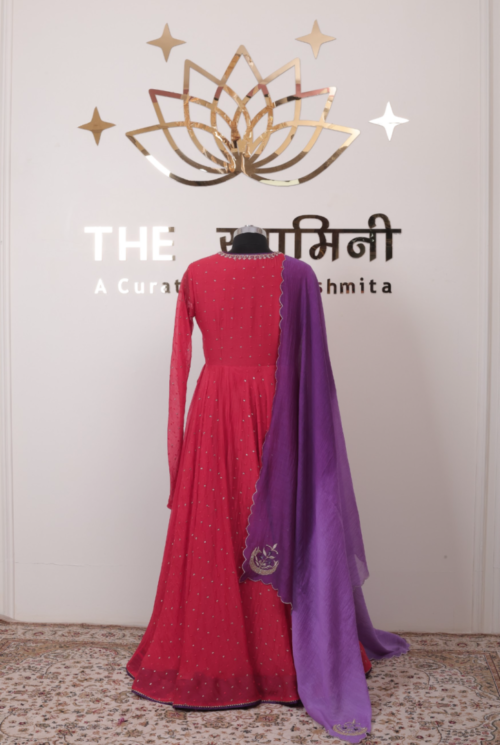 Red Angrakha Anarkali Suit with Handwork Embroidery & Purple Dupatta - Image 9