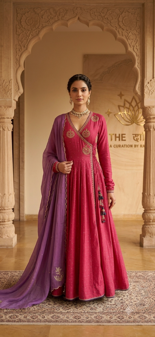 Red Angrakha Anarkali Suit with Handwork Embroidery & Purple Dupatta - Image 3