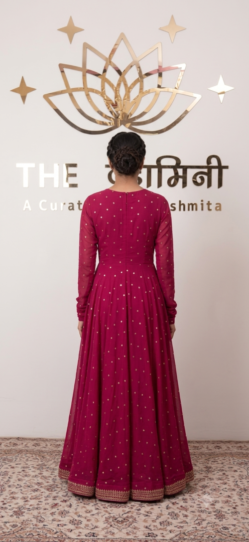 Red Angrakha Anarkali Suit with Handwork Embroidery & Purple Dupatta - Image 2