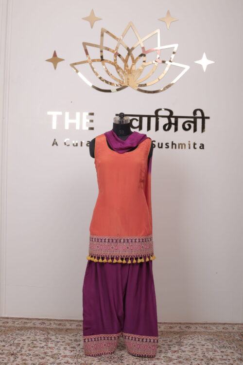 Orange & Purple Embroidered Farshi Salwar Suit Set with Ombre Dupatta - Image 7