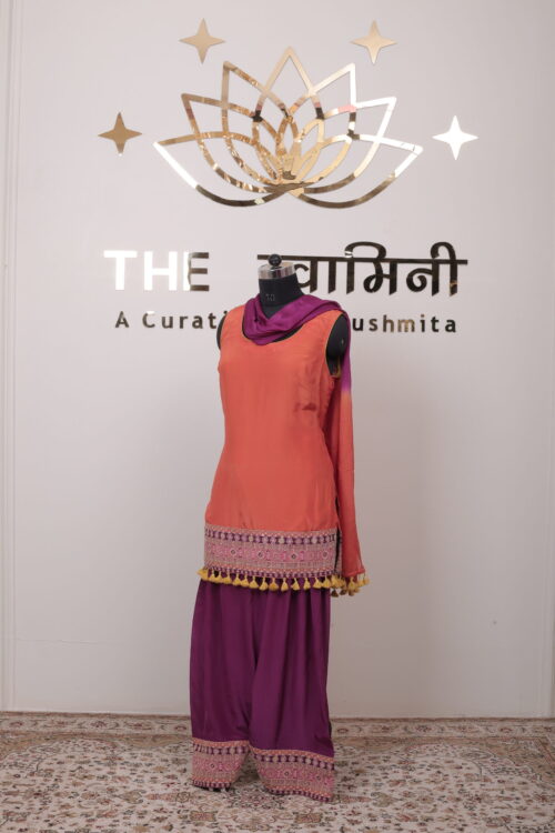 Orange & Purple Embroidered Farshi Salwar Suit Set with Ombre Dupatta - Image 6