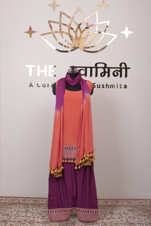 Orange & Purple Embroidered Farshi Salwar Suit Set with Ombre Dupatta - Image 8