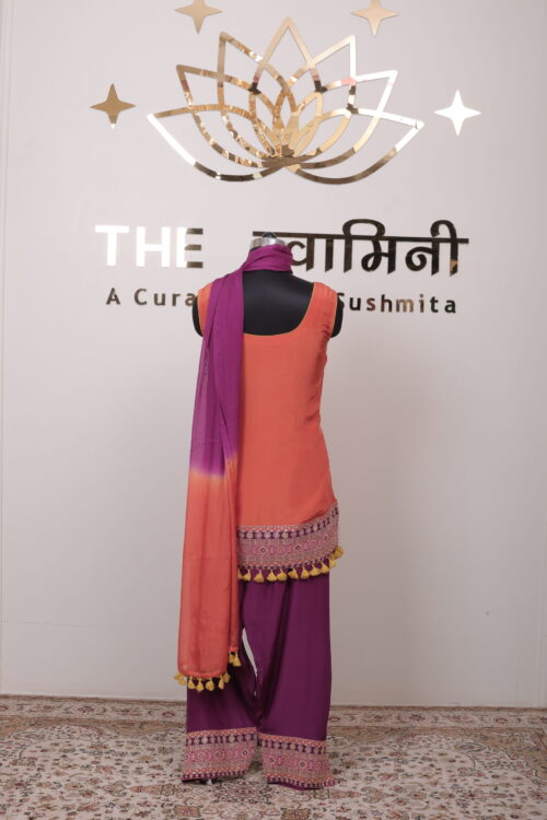 Orange & Purple Embroidered Farshi Salwar Suit Set with Ombre Dupatta - Image 5