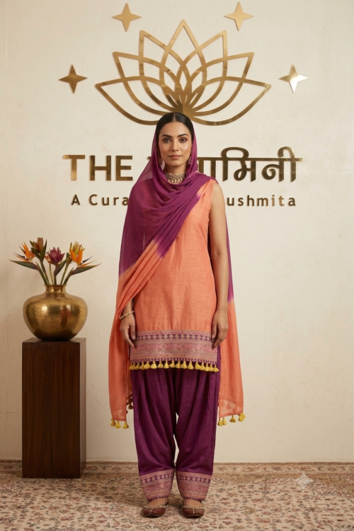 Orange & Purple Embroidered Farshi Salwar Suit Set with Ombre Dupatta - Image 4