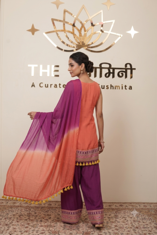 Orange & Purple Embroidered Farshi Salwar Suit Set with Ombre Dupatta - Image 3
