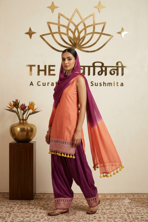 Orange & Purple Embroidered Farshi Salwar Suit Set with Ombre Dupatta - Image 2