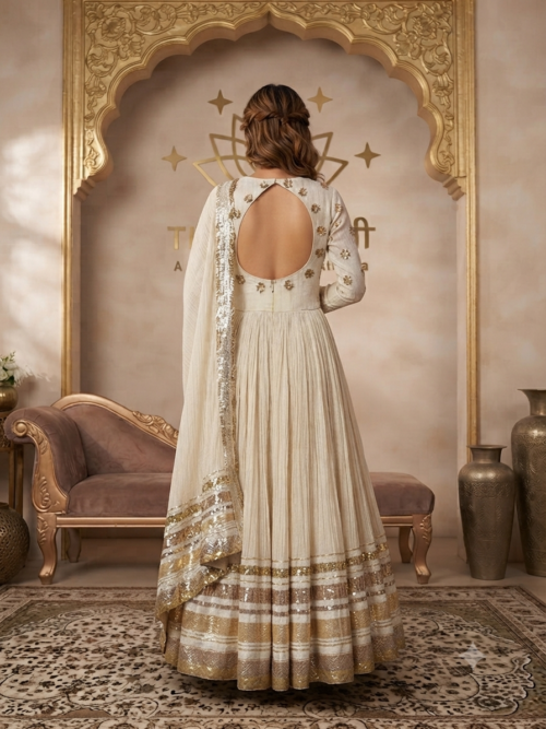 Off-White Gota Work Chanderi Shimmer Anarkali Suit - Image 3