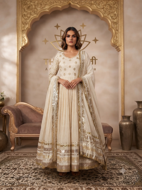 Off-White Gota Work Chanderi Shimmer Anarkali Suit - Image 5