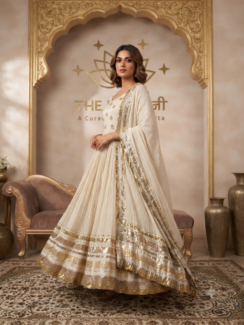 Off-White Gota Work Chanderi Shimmer Anarkali Suit - Image 2