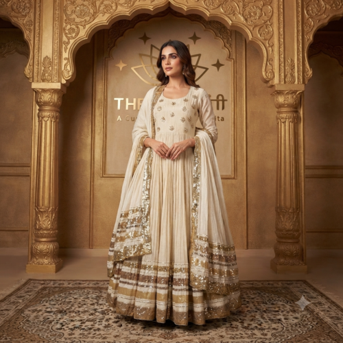 Off White Gota Work Chanderi Shimmer Anarkali Suit for Women
