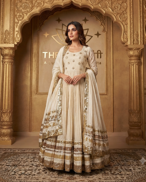 Off White Gota Work Chanderi Shimmer Anarkali Suit for Women