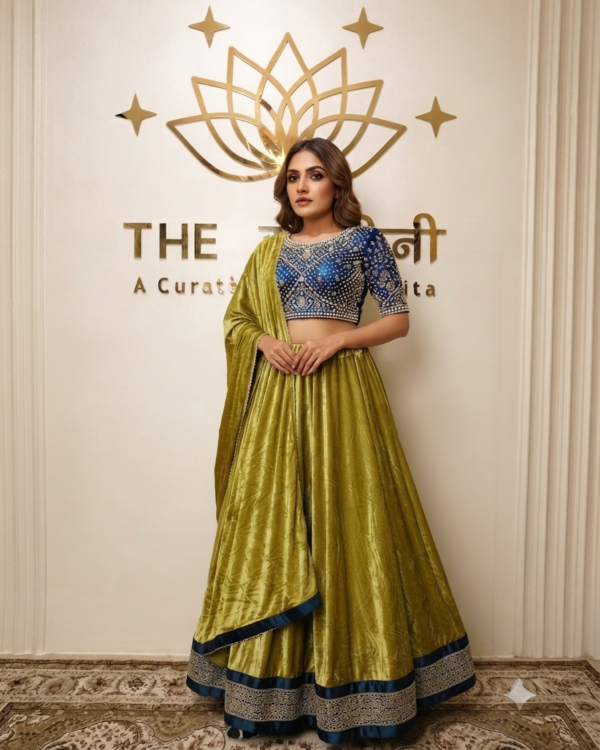 Model wearing a stunning yellow velvet lehenga skirt paired with a royal blue heavily embellished stone-work blouse and matching sheer dupatta, set against "The Swamini" brand backdrop