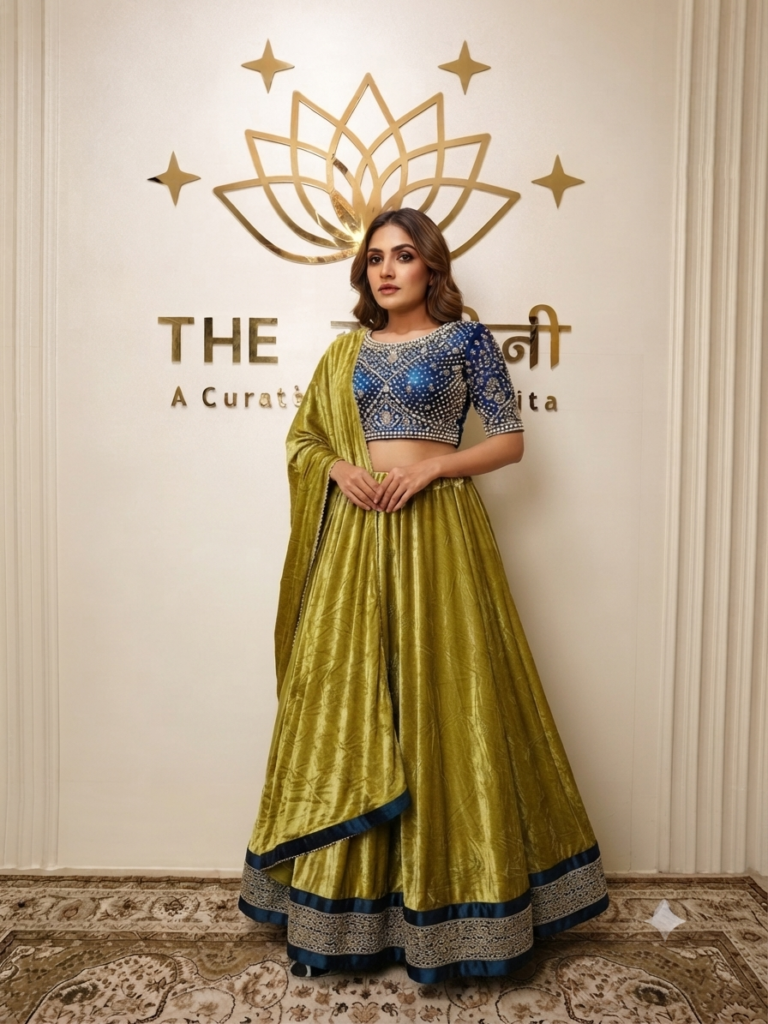 Model wearing a stunning yellow velvet lehenga skirt paired with a royal blue heavily embellished stone-work blouse and matching sheer dupatta, set against "The Swamini" brand backdrop