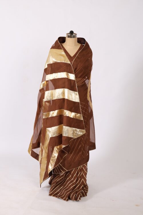 Dark Brown Organza Ruffle Saree with Heavy Gotta Work - Image 9