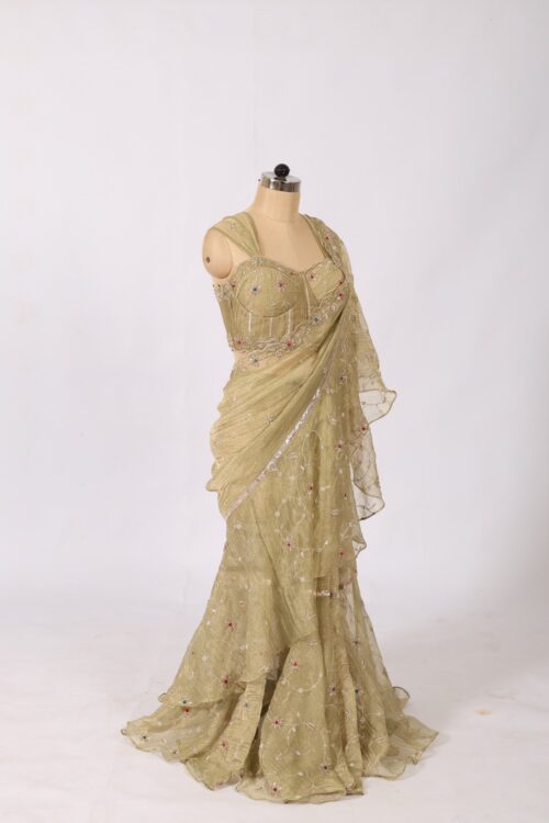 Handcrafted Green Truffle Silk Saree with Full Embroidery & Designer Concert Blouse - Image 3