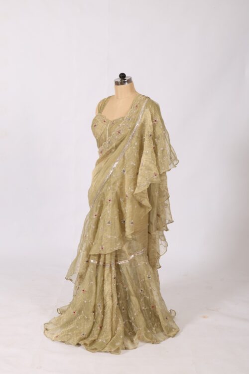 Handcrafted Green Truffle Silk Saree with Full Embroidery & Designer Concert Blouse - Image 4
