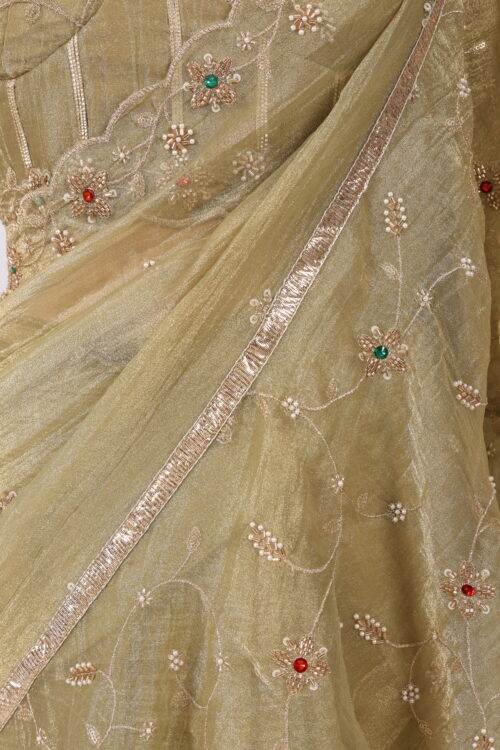Handcrafted Green Truffle Silk Saree with Full Embroidery & Designer Concert Blouse - Image 7