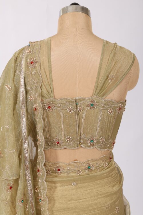 Handcrafted Green Truffle Silk Saree with Full Embroidery & Designer Concert Blouse - Image 6