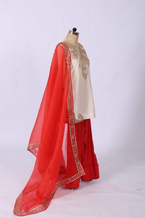 Off-White Kurta with Gota Patchwork & Red Crepe Farshi Salwar with Handwork Dupatta | Theswamini - Image 4