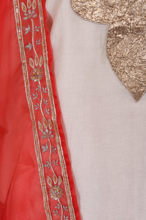 Off-White Kurta with Gota Patchwork & Red Crepe Farshi Salwar with Handwork Dupatta | Theswamini - Image 5