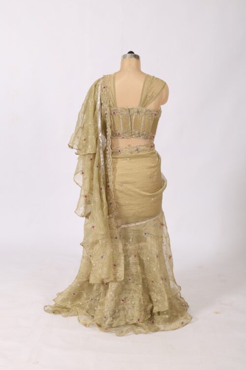 Handcrafted Green Truffle Silk Saree with Full Embroidery & Designer Concert Blouse - Image 5