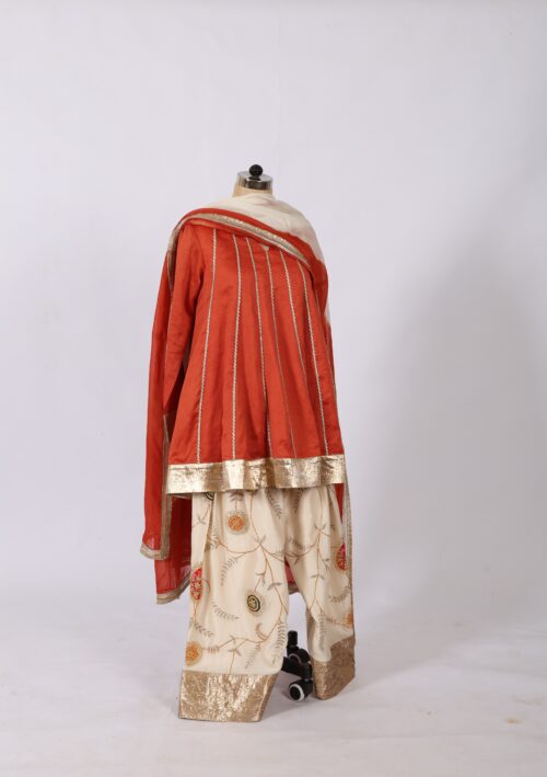 Premium Rust Peplum Kurta with Heavy Gota Work Farshi Salwar & Tie-Dye Chundari Dupatta