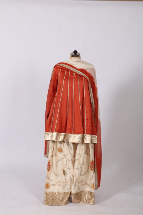Premium Rust Peplum Kurta with Heavy Gota Work Farshi Salwar & Tie-Dye Chundari Dupatta - Image 4